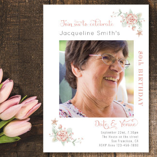 80th Birthday Floral Photo Invitation