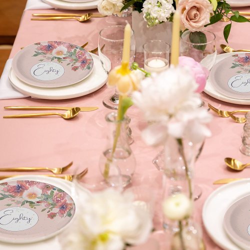 80th Birthday Floral Pink Rose Elegant Birthday Paper Plates