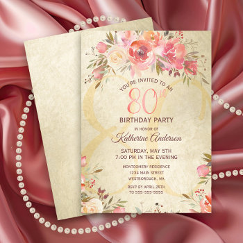 80th Birthday Floral Pink Roses Gold Shimmer Party Invitation by ilovedigis at Zazzle