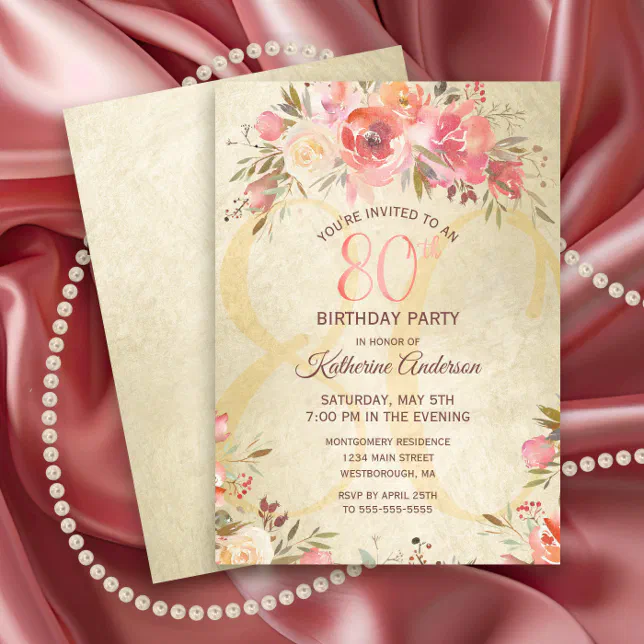 80th Birthday Floral Pink Roses Gold Shimmer Party Invitation | Zazzle