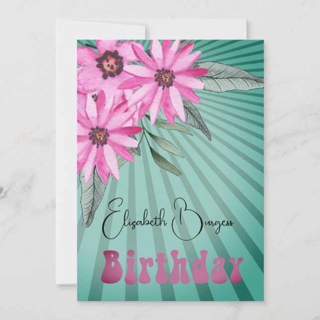 80th Birthday Floral Pink Sun Ray Modern Birthday Invitation (Front)