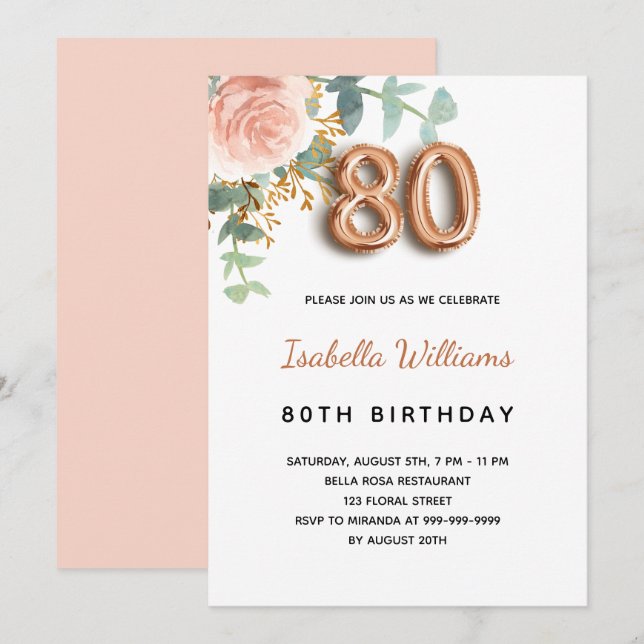 80th birthday floral rose gold eucalyptus greenery invitation (Front/Back)