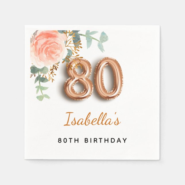 80th birthday floral rose gold eucalyptus monogram napkins (Front)