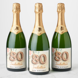 80th birthday floral rose gold eucalyptus monogram sparkling wine label