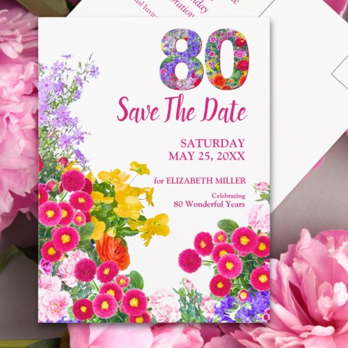 80th Birthday Floral Save The Date Elegant Announcement Postcard