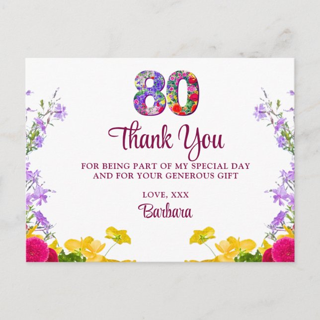 80th birthday floral thanks modern 80 years party postcard (Front)