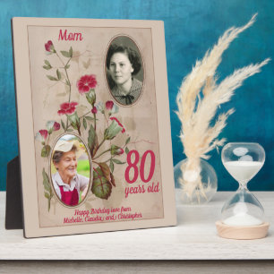 80th Birthday Floral Vintage Photo Keepsake Plaque
