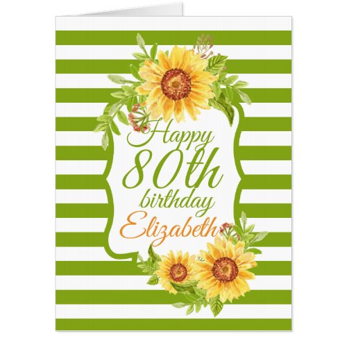 80th Birthday Floral Watercolor Sunflower Green Card