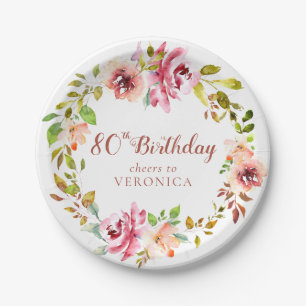 80th Birthday Floral Wreath  Paper Plates