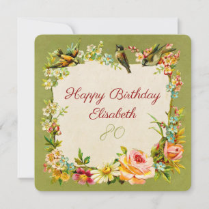 80th birthday flowers & birds antique vintage card