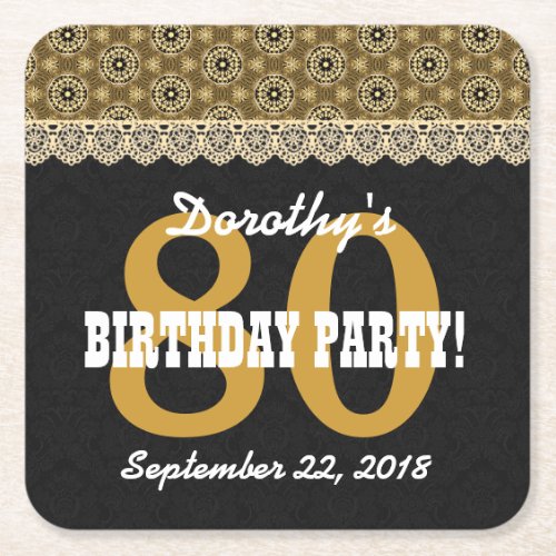 80th Birthday For Her A13A Black and Gold Square Paper Coaster