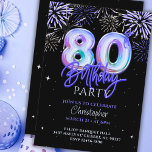 80th Birthday for Him Blue Fireworks Foil Balloon  Invitation<br><div class="desc">Celebrate a milestone birthday in style with our personalized 80th birthday invitation featuring blue iridescent foil balloon numbers! This elegant design showcases a black background adorned with a stunning overlay of blue, purple, silver fireworks and stars, making it the perfect choice for a festive and stylish celebration. The foil balloon...</div>