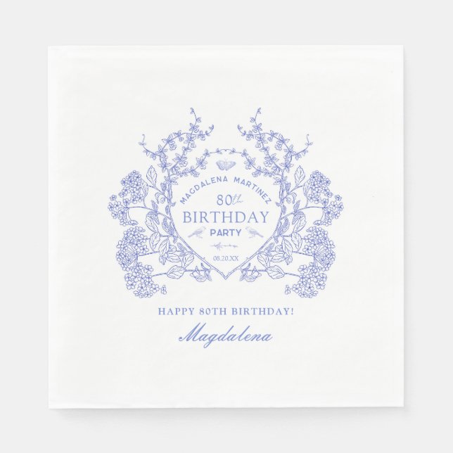 80th Birthday French Blue Floral Crest Custom Napkins (Front)