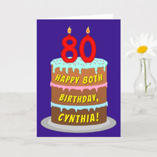 80th Birthday: Fun Cake and Candles + Custom Name Card