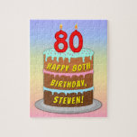 [ Thumbnail: 80th Birthday: Fun Cake and Candles + Custom Name Jigsaw Puzzle ]