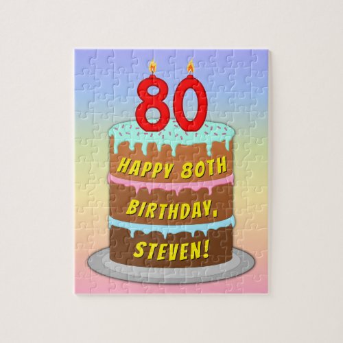 80th Birthday Fun Cake and Candles  Custom Name Jigsaw Puzzle
