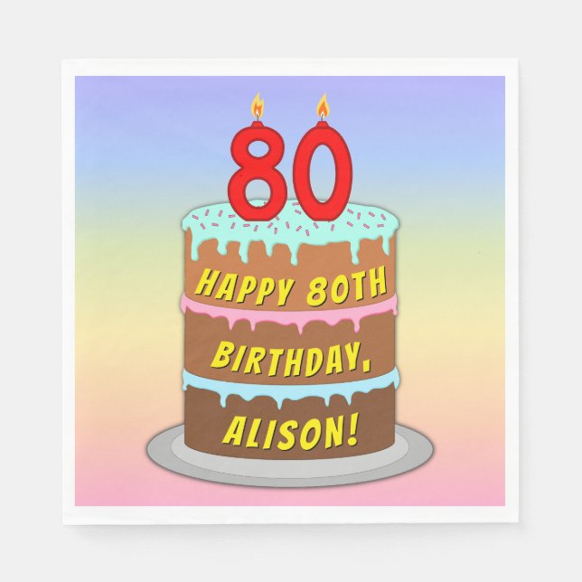 80th Birthday: Fun Cake and Candles + Custom Name Napkins (Front)