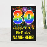 [ Thumbnail: 80th Birthday: Fun Fireworks Pattern + Rainbow 80 Card ]