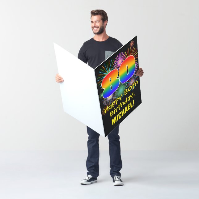 80th Birthday: Fun Fireworks Pattern & Rainbow 80 Card (In Situ)
