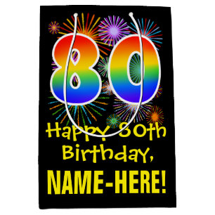 80th Birthday: Fun Fireworks Pattern + Rainbow 80 Medium Gift Bag