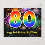 [ Thumbnail: 80th Birthday – Fun Fireworks Pattern + Rainbow 80 Postcard ]