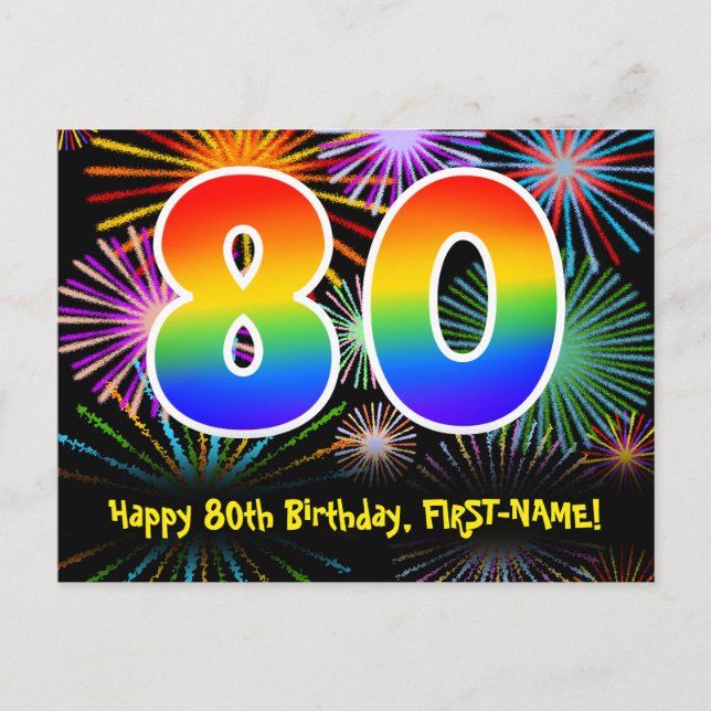 80th Birthday – Fun Fireworks Pattern + Rainbow 80 Postcard (Front)