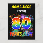 [ Thumbnail: 80th Birthday - Fun Fireworks, Rainbow Look "80" Postcard ]