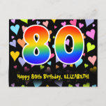 [ Thumbnail: 80th Birthday: Fun Hearts Pattern, Rainbow 80 Postcard ]