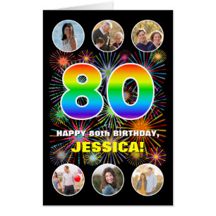 80th Birthday: Fun Rainbow #, Custom Name + Photos Card