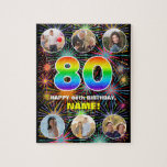 [ Thumbnail: 80th Birthday: Fun Rainbow #, Custom Name + Photos Jigsaw Puzzle ]