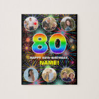 80th Birthday: Fun Rainbow #, Custom Name + Photos
