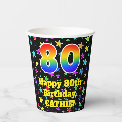 80th Birthday Fun Stars Pattern and Rainbow 80 Paper Cups