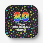 [ Thumbnail: 80th Birthday: Fun Stars Pattern and Rainbow “80” Paper Plates ]