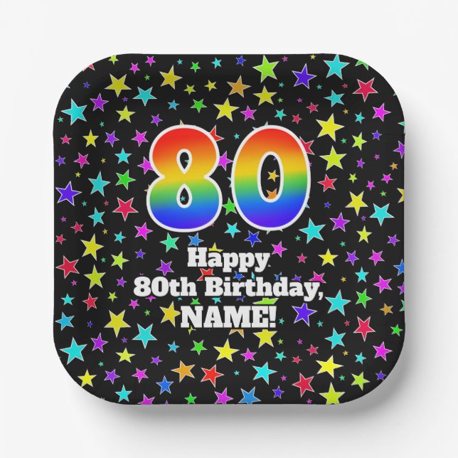 80th Birthday: Fun Stars Pattern and Rainbow “80” Paper Plates (Front)