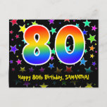 [ Thumbnail: 80th Birthday: Fun Stars Pattern, Rainbow 80, Name Postcard ]