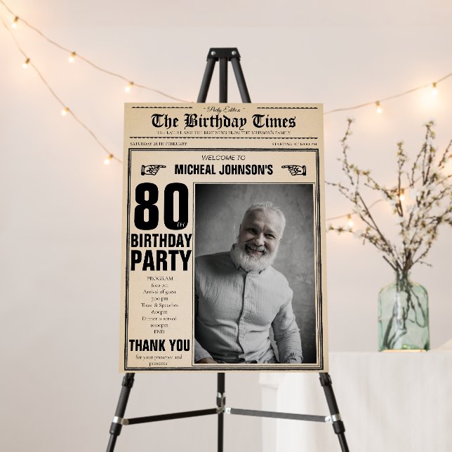 80th Birthday Fun Vintage Newspaper Welcome Sign (In Situ (Stand))