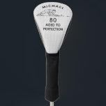 80th Birthday Funny Golfer Personalized Name Golf Head Cover<br><div class="desc">80th Birthday Funny Golfer Personalized Name features a funny golf cartoon with your personalized name and age with the text "aged to perfection" in modern black script. Personalize by editing the text boxes provided. Designed by ©Evco Studio www.zazzle.com/store/evcostudio</div>