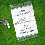 80th Birthday Funny Golfer Personalized Name Plaid Golf Towel<br><div class="desc">80th Birthday Funny Golfer Personalized Name Plaid Golf Towels features a funny golf cartoon with your personalized name and age with the text "that's a gimme - aged to perfection" in modern black script with a blue and green plaid pattern background. Personalize by editing the text boxes provided. Designed by...</div>