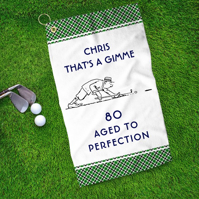80th Birthday Funny Golfer Personalized Name Plaid Golf Towel (Creator Uploaded)