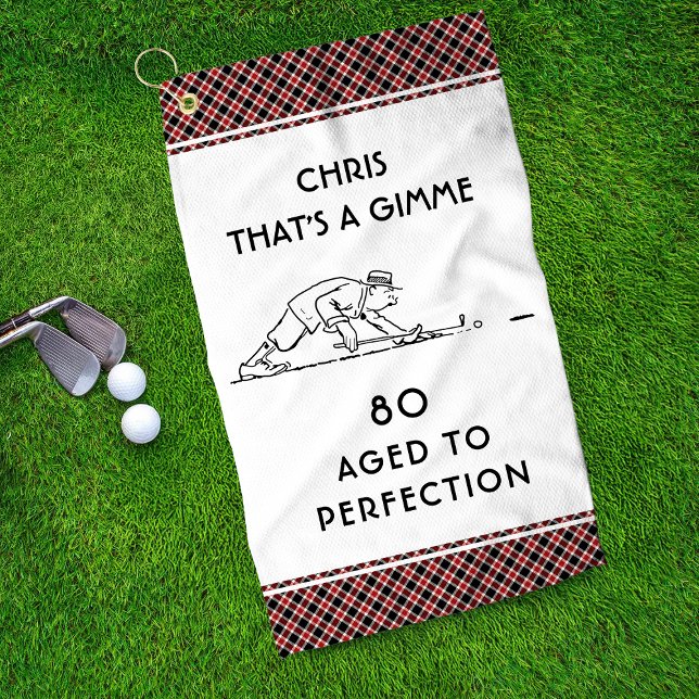 80th Birthday Funny Golfer Personalized Name Plaid Golf Towel (Creator Uploaded)