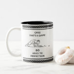 80th Birthday Funny Golfer Personalized Name Plaid Two-Tone Coffee Mug<br><div class="desc">80th Birthday Funny Golfer Personalized Name Plaid Coffee Mug features a funny golf cartoon with your personalized name and age with the text "that's a gimme - aged to perfection" in modern black script with a black and white plaid pattern background. Personalize by editing the text boxes provided. Designed by...</div>
