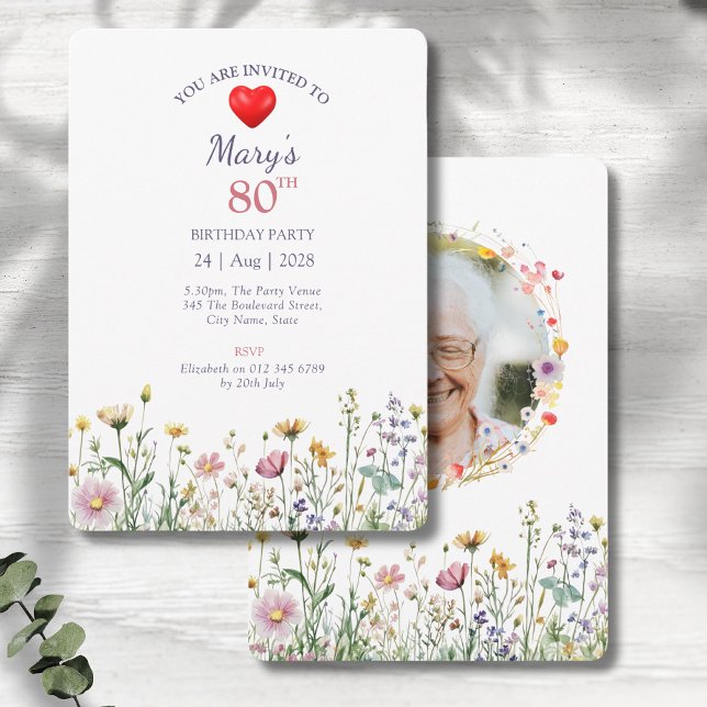 80th Birthday Garden Floral Wild Meadow Photo Invitation (80th birthday floral birthday party invitations on a grey wood background)