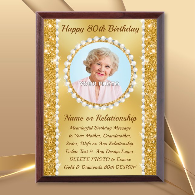 80th Birthday Gift for Mum, Mom, Grandma or Her Award Plaque (Gifts for 80th birthday woman. Gold, Pearls and Diamonds. Meaningful 80th birthday gifts for grandma)