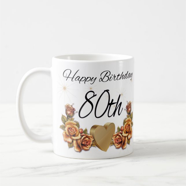 80th Birthday Gift Mug, With Copper Roses Coffee Mug (Left)