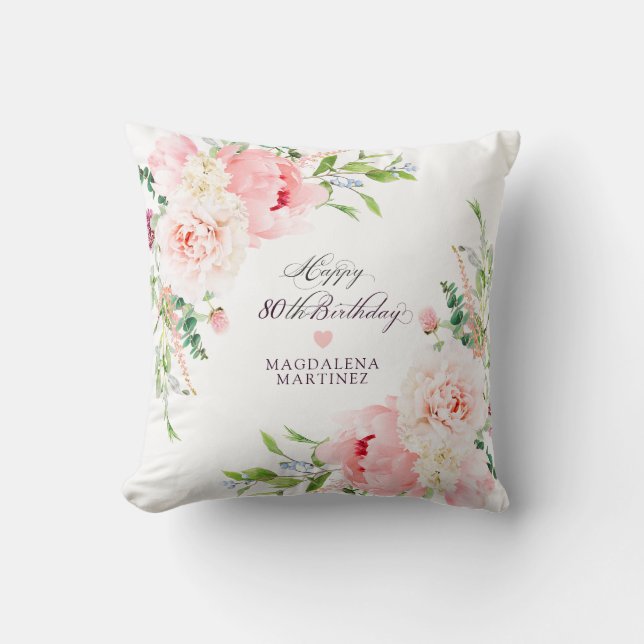 80th Birthday Gift Pink Floral Personalized Throw Pillow (Front)