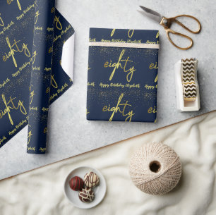 80th Birthday Glamorous Navy Gold Wrapping Paper