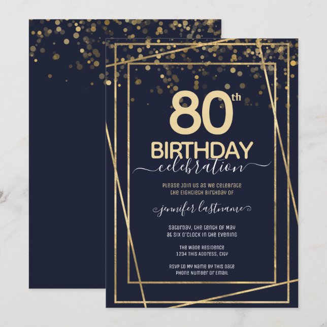 80th Birthday Gold and Blue Invitation (Front/Back)