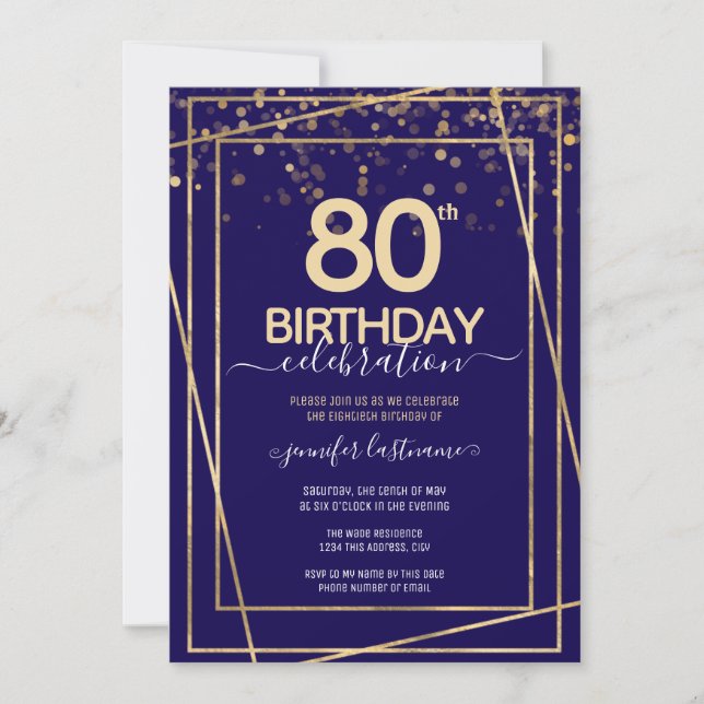 80th Birthday Gold and Blue Invitation (Front)