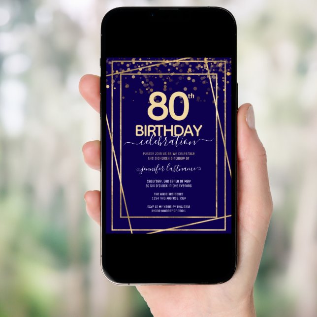 80th Birthday Gold and Blue Invitation (Front Digital)