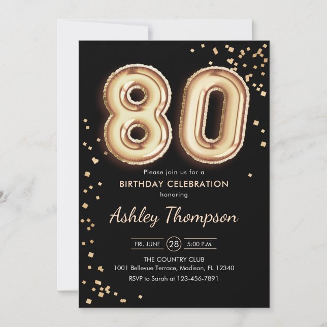 80th Birthday - Gold Balloons Black Invitation (Front)